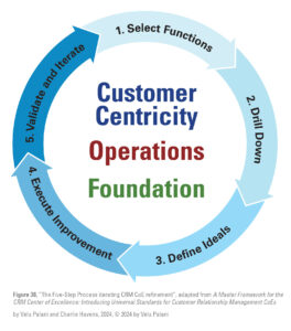 Figure 38: "The Five-Step Process iterating CRM CoE refinement", adapted from "A Master Framework for the CRM Center of Excellence: Introducing Universal Standards for Customer Relationship Management CoEs. By Velu Palani and Charlie Havens, 2024, © 2024 by Velu Palani.